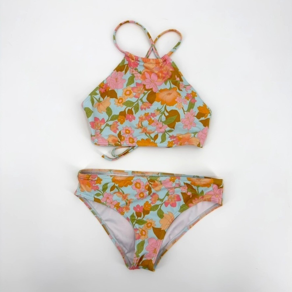 Billabong Girls Floral Bikini Set Retro High Neck Halter Two Piece Swimsuit